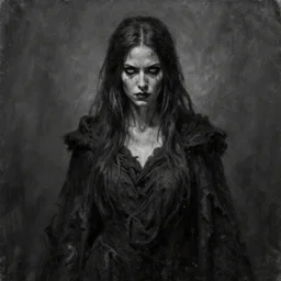 above waist portrait of a female sorceress in dark tattered robes, oil painting, menacing look, gritty, dark monochrome hues, artstation, high detail, 4 k