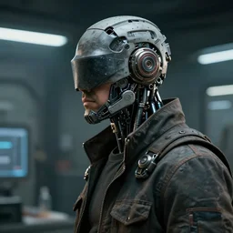 a masked rugged laboratory engineer man with cybernetic enhancements as seen from a distance, scifi character portrait by greg rutkowski, craig mullins, 1 / 4 headshot, cinematic lighting, dystopian scifi gear, profile picture, mechanical, cyborg, half robot, implants, dieselpunk