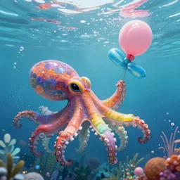 rainbow octopus caught balloon animal under water. art by midjourney ai