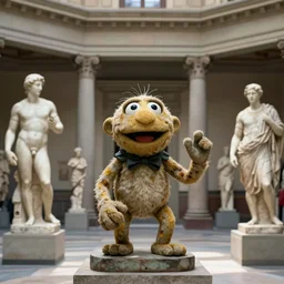 a statue of a muppet in the Uffizi, amongst ancient greek statues, soft sunlight dappling, classical architecture,  award-winning photo