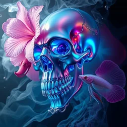 3 d close - up portrait of the iridescent goddess skull in midsommar style surrounded by smoke and water energy flow mixed with jellyfish phoenix bird giant orchid flower and giant gladiola betta fish elegant translucent nautilus, highly detailed, by wlop, tooth wu, greg rutkowski, alena aenami