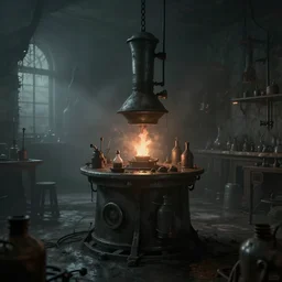 alchemy laboratory, gloomy and foggy atmosphere, octane render, rembrandt, cgsociety, artstation trending, horror scene, highly detailded
