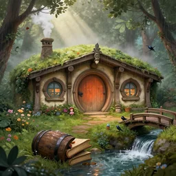 medieval hobbit home, ornate, beautiful, atmosphere, vibe, mist, smoke, chimney, rain, book, barrel, wet, pristine, puddles, dripping, waterfall, creek, crow, bridge, forest, flowers, concept art illustration, color page, 4 k, tone mapping, doll, akihiko yoshida, james jean, andrei riabovitchev, marc simonetti, yoshitaka amano, digital illustration, greg rutowski, volumetric lighting, sunbeams, particles