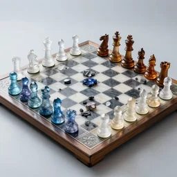 a chess board made of a variety of crystals
