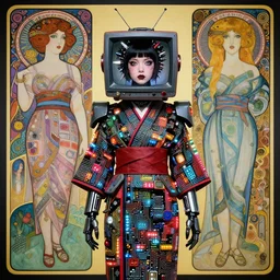 cute punk goth fashion fractal mecha girl wearing a television tube helmet and kimono made of circuits and leds, surreal Dada collage by Man Ray Kurt Schwitters Hannah Höch Alphonse Mucha Beeple