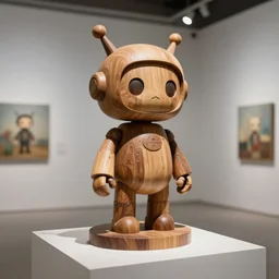 3 d, octane render, ultra, 8 k, photorealistic, a wooden sculpture on a pedestal, a very cute mystical robot, concept art artwork masterpiece, in a contemporary art gallerie