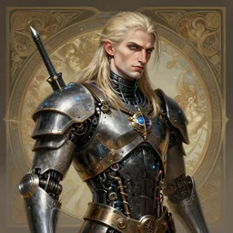portrait of geralt of rivia, robot steampunk, metallic! blade runner cyberpunk machine, intricate, elegant, highly detailed, led details, digital painting, artstation, concept art, smooth, sharp focus, illustration, art by artgerm and greg rutkowski and alphonse mucha, 8 k