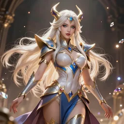 a beautiful female god character from hades game, character is in all its glory, character is centered on the image, rim lights, highly detailed professional photo, dynamic lights, particles and crystals are flying, very deep depth of field, trending on artstation, illustration, hyper realistic, super detailed, colorful accents