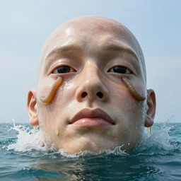 a massive sculpture of a squashed human face with with worms instead of eyes made out of dripping jelly on the ocean water, cinematic, hyper - realistic, very detailed, realistic water splashes, ray tracing, 8 k resolution, long - shot, sharp focus, low angle, 8 5 mm photograph, wide lens
