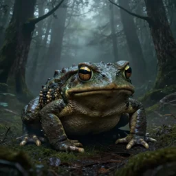the attack of the giant toads emerging out of the dark forest by Tony Sart, foggy, atmospheric, dark, creepy, ArtStation, Detailed, realistic