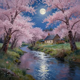 a beautiful painting of a river running past a cottage in a cherry blossom forest, volumetric lighting, moonlit by greg rutkowski and kalin popov, trending on artstation, masterpiece,