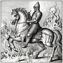 skeleton warrior in a fire horse with a very ornate armor, very detailed, complex drawing, hyper detailed, renaissance, monochrome, albert durer style
