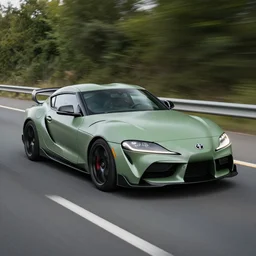 Matte olive green Toyota Supra mk5 on highway, hyper realistic, car photography, 8k,