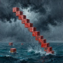 tetris blocks floating around in a stormy ocean, rain, dark clouds, storm, dramatic, very detailed, intricate, complex, oil panting, masterpiece