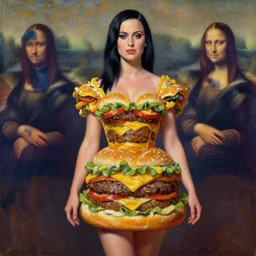 katy perry in hamburger dress. masterpiece oil painting, leonardo da vinci, rembrandt, colors of monet, octane render, 4 k