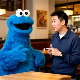 Chinese Kevin O'leary talking with cookie monster, in a café