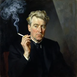 david lynch smoking cigarette, billowing smoke, painting by jc leyendecker!! phil hale!, lynchian!!!! ominious, dark lighting, angular, brush strokes, painterly, vintage, crisp