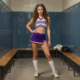 Gorgon Medusa as a teen cheerleader, full body, background is a dimly lit school locker room, detailed painting, in the style of Jana Brike, finely painted, sharp detail 8k