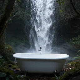 a bathtub under waterfall in forest, digital painting, high contrast, unreal engine render, volumetric lighting, high détail