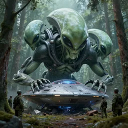 aliens giant ufo crushed in the forest surrounded by russian soldiers, biopunk, cyberpunk, masterpiece. rendered in blender, ultra realistic, smooth shading, ultra detailed, high resolution, cinematic, unreal 6, perfect face, cyberpunk, fine details, studio lighting, subtle shadows, art by katsuya terada, photorealism, hyper realism, octane render, hyper detailed, canon eos r 3, f / 1. 4, iso 2 0 0, 1 / 1 6 0 s, medium shot, 8 k, raw, unedited, in - frame,