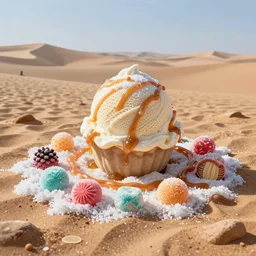 desert made from icecream and candies sugar sand caramel sun sugar snow, handsome, intricate, detailed, volumetric lighting, scenery, digital painting, highly detailed, artstation, sharp focus, illustration, concept art, 8 k, no blur, hyper realistic, magic world