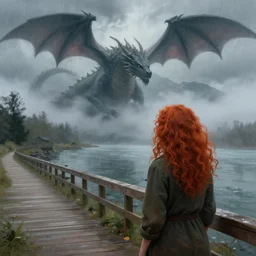 a realistic digital painting of a woman with curly long redhair standing in a boardwalk besides a river looking at a ((((((dragon)))))) in the mountains that is covered by a fog in a thunderous weather