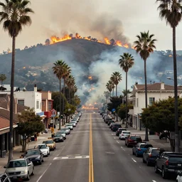 a photo of downtown san pasadena melting streets, brush fires on hills, and smoke