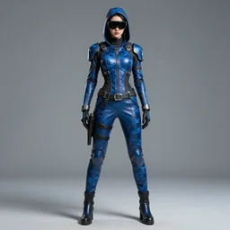 full body shot of a futuristic female chinese assassin wearing skin tight blue leather optical camouflage armor, night goggles and an exoskeleton, trending on artstation
