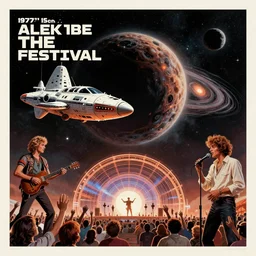 a spaceship hosting a music festival with artist from allover the galaxy, passing in front of a black hole, 1970 scifi poster