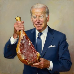 oil painting of Joe Biden holding ham meat, 1960s