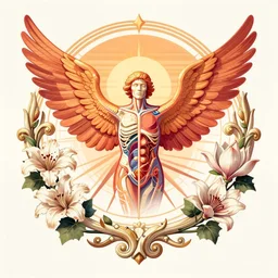 beautiful classical holy decorative ornament, sacred wings spread, sunset colors, acanthus scrolls, lilies, ivy, anatomy, energy, geometry, magnolia, bones, petals, stems, ceremonial clouds, dripping colorful paint, fibonacci rhythm, artstation, art germ, wlop, anime, manga, yoji shinkawa, krenz cushart,
