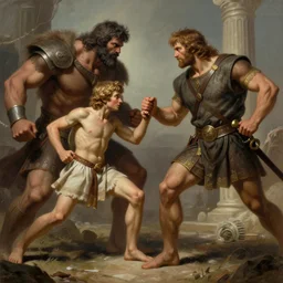ancient historically accurate depiction of the Bible duel bettween the shepherd boy david and Goliath of Gath, the Philistine warrior giant, by frank miller, illustration by Ruan Jia and Mandy Jurgens and William-Adolphe Bouguereau, Artgerm, 4k, digital art, surreal, space dandy style, highly detailed, godsend, artstation, digital painting, concept art, smooth, sharp focus, illustration by Ruan Jia and Mandy Jurgens and William-Adolphe Bouguereau, Artgerm
