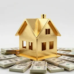 a house, under construction, made of gold, with piles of money around it