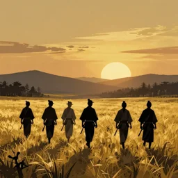 7 man walking through field, medieval Japan, sunset, conceptual art silhuets, gold and black colors, primitive, low poly, pen paint