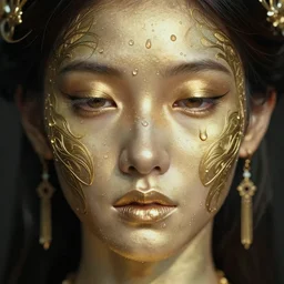 an intricate, detailed face of an android, golden skin with water drops on it, analog photo, trending on artstation, art nouveau