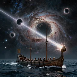 viking battle ship rowing through an ocean that is a nebula, several supernovae in the background, distant black hole ejecting a near light speed stream of matter across the scene