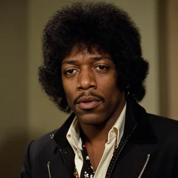 a noir film still of Samuel L. Jackson starring as Jimi Hendrix, shallow depth of field, close up, 40mm