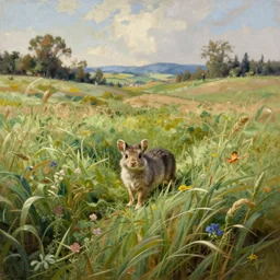 a small animal in a rolling field, extremely detailed oil painting, sargent and leyendecker, savrasov levitan polenov, bruce pennington, tim hildebrandt, digital art, landscape painting, trending on artstation, masterpiece
