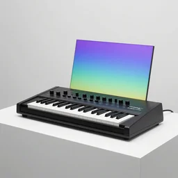 dezeen showroom , minimalissimo, archdaily, , teenage engineering moad, mother of all decks, product design concept,product shot of moog melotron synthesizer with gradient screen designed by jony ives, dieter rams, 8k, highly detailed photo
