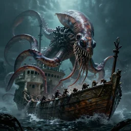 gigantic squid-Kraken destroying a boat, lovecraftian creature, dramatic lighting, cinematic, establishing shot, extremly high detail, foto realistic, cinematic lighting, post processed, concept art, artstation, matte painting, style by eddie mendoza, raphael lacoste, alex ross