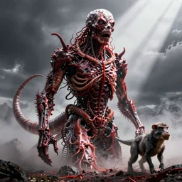 gruesome, sci - fi, polychaeta, undead cyborg torso, doom, dino, baboon, red, white