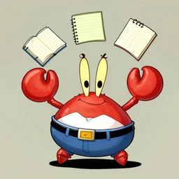Cartoon crab juggling notebooks