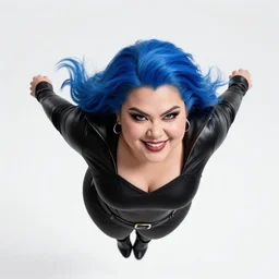 thick chubby filipina supervillain, sly grin, fully clothed, exaggerated perspective, flying toward camera, beautiful detailed face, bright blue hair, action pose, comic book style, highly detailed, dynamic shadows, dynamic lighting, geoff johns, jason fabok, jason fabok, brad anderson, splash art