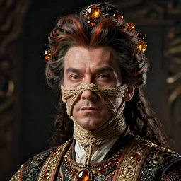 portrait of a Shibari rope wrapped face and neck, headshot, insanely nice professional hair style, dramatic hair color, digital painting, of a old 18th century, Royal Emperor, amber jewels, baroque, ornate clothing, scifi, realistic, hyperdetailed, chiaroscuro, concept art, art by Franz Hals and Jon Foster and Ayami Kojima and Amano and Karol Bak,