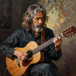 painting of robbie basho the influential folk blues and fingerstyle guitar player, artwork by jc leyendecker