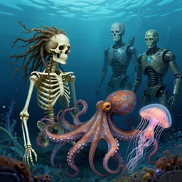 underwater photography of a human skeleton with dreadlocks in symbiosis with an octopus and a jellyfish, by amandine van ray and andreas franke and h. r. giger and andrew hem, and android jones, digital illustration