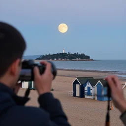 a photography taken by someone who doesn't know how to use a camera of the super moon over the beach huts and the isle of wight