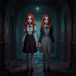 scary ginger twin girls standing in an haunted endless hallway, illustration, horror, dark, dramatic lighting, digital art, unique, trending on artstation, artistic, symmetrical, inspired by wes anderson