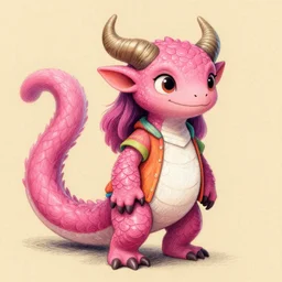 a cutely drawn kobold girl with vibrant pink smooth scales wearing simple colorful clothes. she has thick tail, cute horns and smile with white belly scales and peopard gecko anthro features. a digital photoshop colored - pencil fantasy drawing by thomas cole, terese nielsen, and edvard escher guay, magically shaped surrealism, trending on artstation.