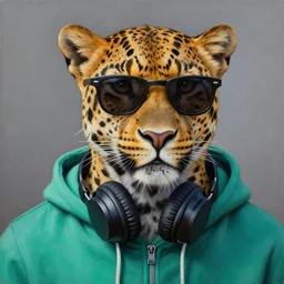 a photorealistic oil on canvas of a leopard wearing black sunglasses, a teal green hoodie and headphones wrap his neck. hyper detailed. this 4 k hd image is trending on artstation, featured on behance, well - rendered, extra crisp, features intricate detail, epic composition and the style of unreal engine.
